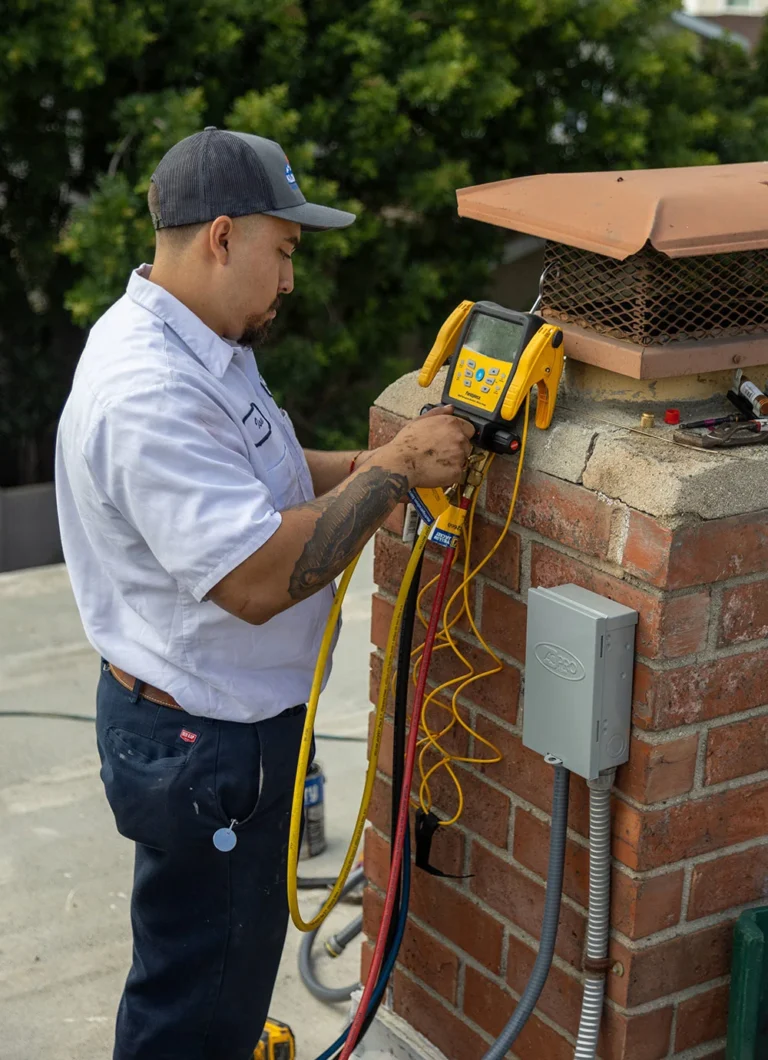 Certified technician conducting HVAC inspection in Newport Beach